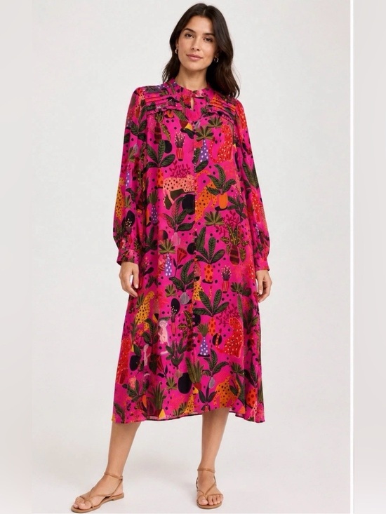 FARM Rio Dresses & Skirts - Farm Rio Jungle Print Maxi Dress Womens Pink Leopard Monkey Long Sleeve Sz S